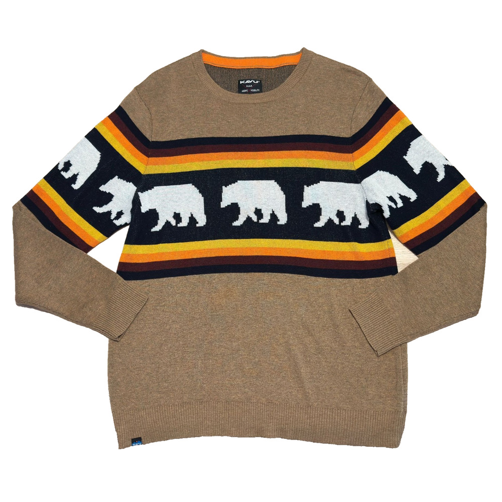 Kavu Highline Crewneck Sweater Snow Bear Mens L Tan Retro Stripe Knit Outdoors